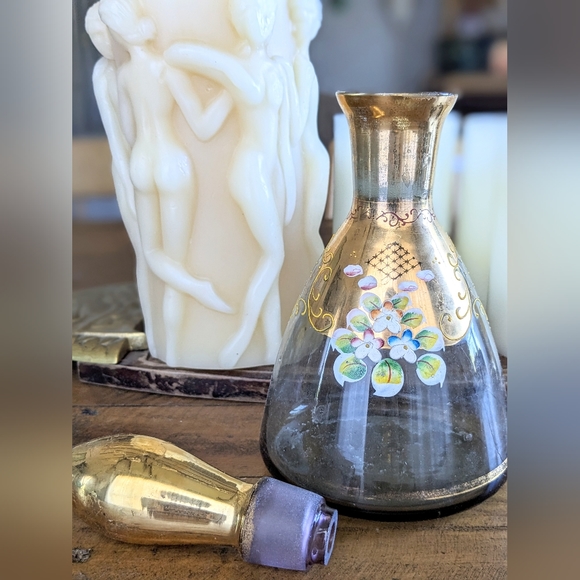 Vintage Smokey floral glass decanter gold accents Bohemia Glass - Picture 3 of 5